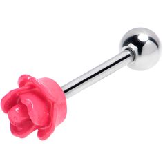 a pink rose is attached to a stainless steel bar with a black ball on the end