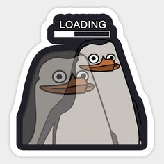 two penguins are facing each other with the loading sign above their head on top of them