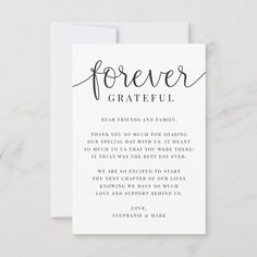 a white card with the words forever grateful on it