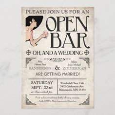 an open bar wedding party poster with the words, please join us for an open bar and