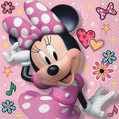 a minnie mouse with hearts and flowers on it's head, in front of a pink background