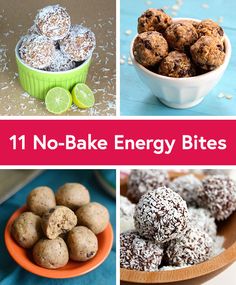 there are pictures of different foods in the bowl and on the table with words that read, 11 no - bake energy bites