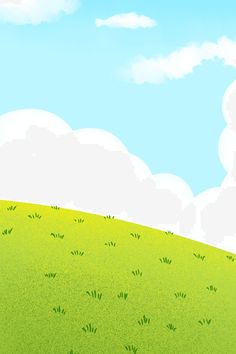 an image of a green hill with clouds in the sky and sheep grazing on it