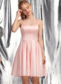 A-Line Square Short/Mini Satin Prom Dresses (018254568) - JJ's House Short Prom Dresses For Teens Simple, Homecoming Dresses Mid Thigh Length, Wedding Guest Short Dresses, Grad Dresses Year 6, Short Grade 8 Grad Dresses, What Dress To Wear Body Types, Year 6 Formal Dresses, Knee Length Hoco Dresses, Conformation Outfit