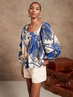 Petite Square-Neck Blouse | Banana Republic Summer Long Sleeve Block Print Blouse, Fitted Blue Top With Block Print, Luxury Block Print Festive Blouse, Chic Blue Lantern Sleeve Blouse, Blue Block Print Long Sleeve Blouse, Sewing Linen, Pucci Pattern, Square Neck Blouse, African Blouses