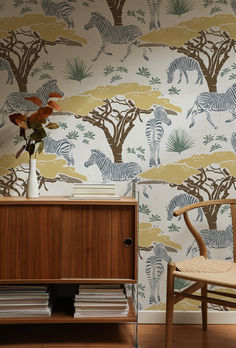 Yellow and grey wallpaper featuring hand-drawn zebras and acacia trees, inspired by the Serengeti, perfect for nature-themed home décor. Grey Illustration, Exotic Wallpaper, Zebra Wallpaper, Safari Wallpaper, Nature Designs, Sage Green Wallpaper, Wallpaper Inspiration, Acacia Tree, Wild Beauty