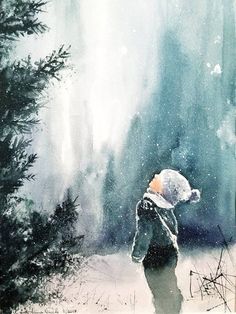 a watercolor painting of a person standing in the snow with their head turned to the side