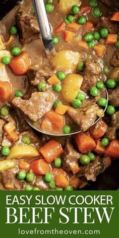 beef stew in a slow cooker with peas and carrots