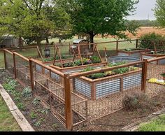 an outdoor vegetable garden in a fenced off area