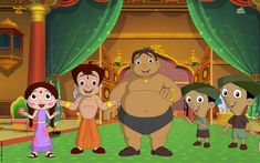 an animated family standing in front of a stage