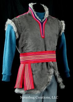 a gray and blue costume with red trims on the chest, and two different colored sleeves