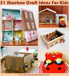 a collage of doll houses and toys with text overlay that reads 5 shoebox craft ideas for kids