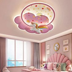 a bedroom with pink walls and flooring is decorated in pastel colors, such as unicorns