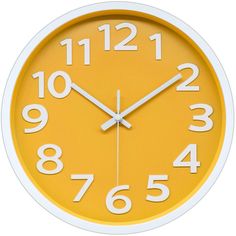 a yellow and white clock with numbers on the face is shown against a white background