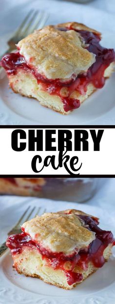 two plates with desserts on them and the words cherry cake written in black above