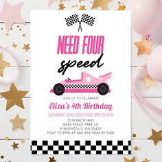 a pink race car birthday party card