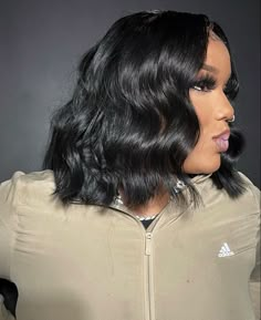 Middle Part Bob Beach Waves, Curled Bob Middle Part, Middle Part Bob With Curls Black Women, Middle Part Beach Waves Bob Black Women, Short Loose Curls Black Women, Bob Beach Waves Short, Short Beach Wave Hair, Beach Waves Bob Black Women