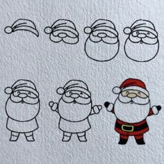 santa claus and other cartoon characters drawn on white paper with black marker pens, in different poses