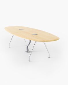 a wooden surfboard sitting on top of metal legs