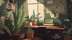 an office with lots of potted plants in front of a window and a computer on a desk