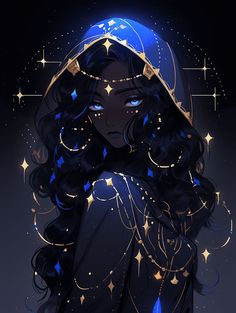 a woman with long black hair wearing a blue hoodie and stars on her head