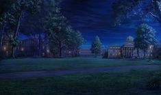 a painting of a building in the middle of a park at night with lights on