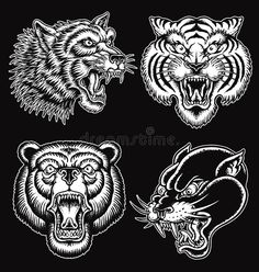 four different types of wild animals in black and white on a black background, each with an animal's head