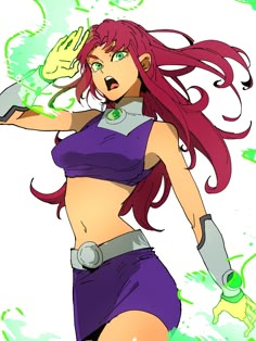 an anime character with long red hair and purple outfit, holding her hand up to her head