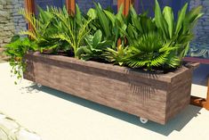 a wooden planter filled with lots of green plants next to a brick wall and windows