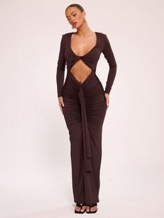 Slinky Cut Out Ruched Drape Maxi Dress Brown Casual  Long Sleeve Knitted Fabric Plain Bodycon High Stretch  Women Clothing, size features are:Bust: ,Length: ,Sleeve Length: Black Feminine Outfit, Holiday Party Dresses Christmas, Bday Fits, Mom Fits, Birthday Fit, Tie Waist Maxi Dress, Drape Maxi Dress, 파티 드레스, Plain Fabric