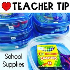 the back to school teacher tips are in plastic containers with scissors and other items inside