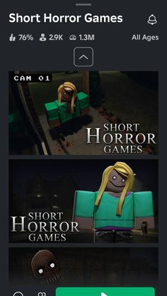 an iphone screen with the text short horror games on it and two screens showing different scenes