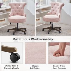 an image of a pink chair with wheels and footrests on it, including the seat