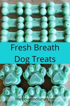 the words fresh breath dog treats are displayed in front of an image of dogs paw prints