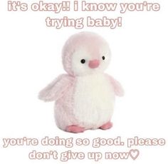 a pink and white stuffed penguin with the words, it's okay i know you're trying baby