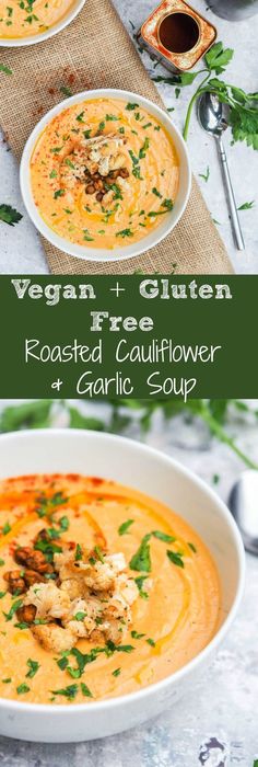 two bowls of vegan and gluten roasted cauliflower soup with spoons