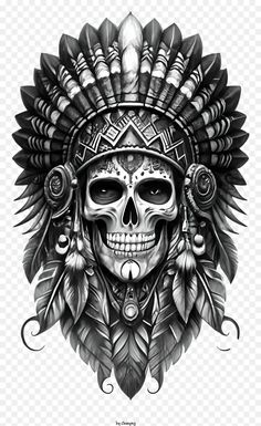 Indian Headdress Tattoo, Native Indian Tattoos, Aztec Warrior Tattoo, Indian Skull Tattoos, Native American Tattoo Designs, Indian Tattoo Design, Headdress Tattoo, Aztec Tattoos, American Indian Tattoos