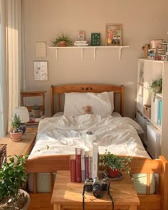 a bed sitting in a bedroom next to a window with lots of plants on top of it