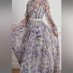 Beautiful Gown Worn Once, Excellent Condition. Long Floral Maxi Dress, Needle And Thread Dresses, Purple Gown, Long Sleeve Bridal Gown, Purple Gowns, Flora Dress, Layered Tulle Skirt, Bridal Jacket, Embroidered Lace Dress