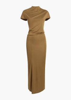 A funnel-neck dress in slinky jersey. Designed to dynamically drape around the body. Cropped kimono sleeves and invisible back zipper. Cropped Kimono, Jersey Maxi Dress, Leather Outerwear, Simple Silhouette, Fashion Collage, Wardrobe Edit, Maxi Jersey Dress, Spring Summer 2024, Quiet Luxury