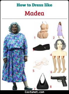 an old woman is dressed in blue and purple, with the words how to dress like madea