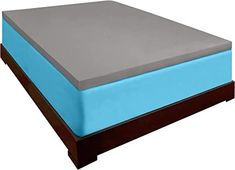 an image of a bed with blue and gray sheets on it's sides,