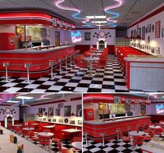 the interior of a diner with checkered flooring and neon lights