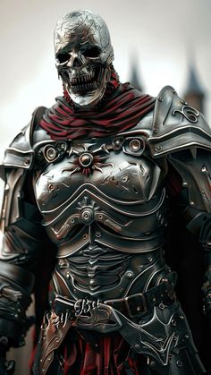 a close up of a person in armor with a skull on his chest and head