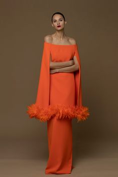 Long feather trim top with column skirt - HerTrove Feather Trim Top, Cape Dress Long, Formal Hairstyles For Short Hair, Teal Cocktail Dress, Exclusive Gowns, Dress Name, Beautiful Evening Dresses, Orange Dresses, Grey And Orange