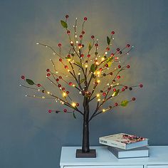 a lighted tree with red berries and green leaves