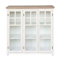 a white bookcase with glass doors on the front and bottom, against a white background