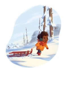 a child is pulling a sled in the snow