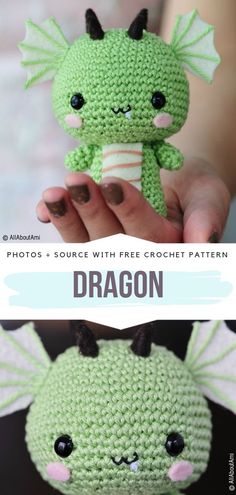 a crocheted green dragon with black eyes and horns holding an ice cream cone