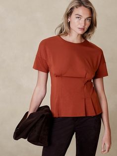 Ponte Corset T-Shirt | Banana Republic Factory Fitted Cotton Pleated Top, Chic Pleated Stretch Top, Chic Pleated Cotton Top, Casual Pleated Tops For Spring, Casual Short Sleeve Pleated Blouse, Casual Pleated Short Sleeve Blouse, Casual Stretch Pleated Tops, Casual Pleated Tops With Relaxed Fit, Casual Pleated Stretch Tops